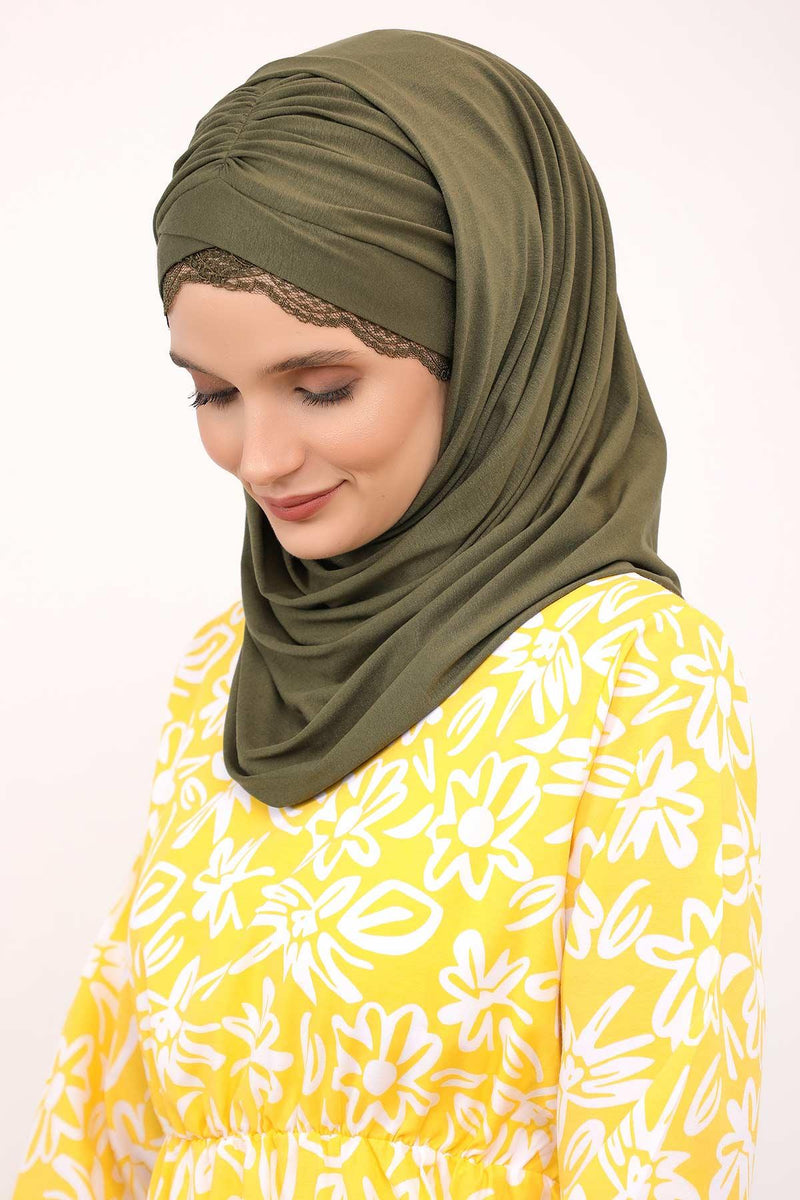 Instant Shawl for Women %95 Cotton Modesty Turban Lace Detailed Head Wrap Scarf Front Trimmed,CPS-48 White