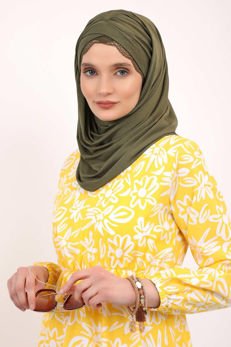 Instant Shawl for Women %95 Cotton Modesty Turban Lace Detailed Head Wrap Scarf Front Trimmed,CPS-48 White