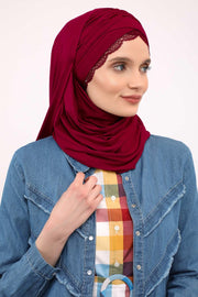 Instant Shawl for Women %95 Cotton Modesty Turban Lace Detailed Head Wrap Scarf Front Trimmed,CPS-48 Maroon