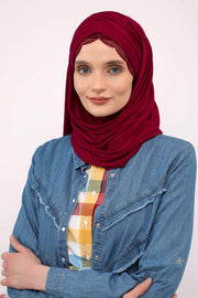 Instant Shawl for Women %95 Cotton Modesty Turban Lace Detailed Head Wrap Scarf Front Trimmed,CPS-48 Maroon