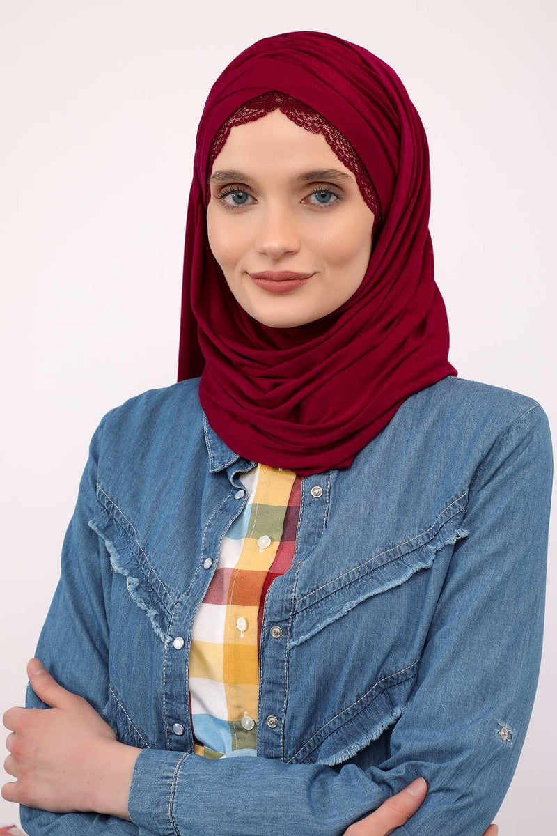 Instant Shawl for Women %95 Cotton Modesty Turban Lace Detailed Head Wrap Scarf Front Trimmed,CPS-48 Maroon