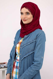 Instant Shawl for Women %95 Cotton Modesty Turban Lace Detailed Head Wrap Scarf Front Trimmed,CPS-48 Maroon