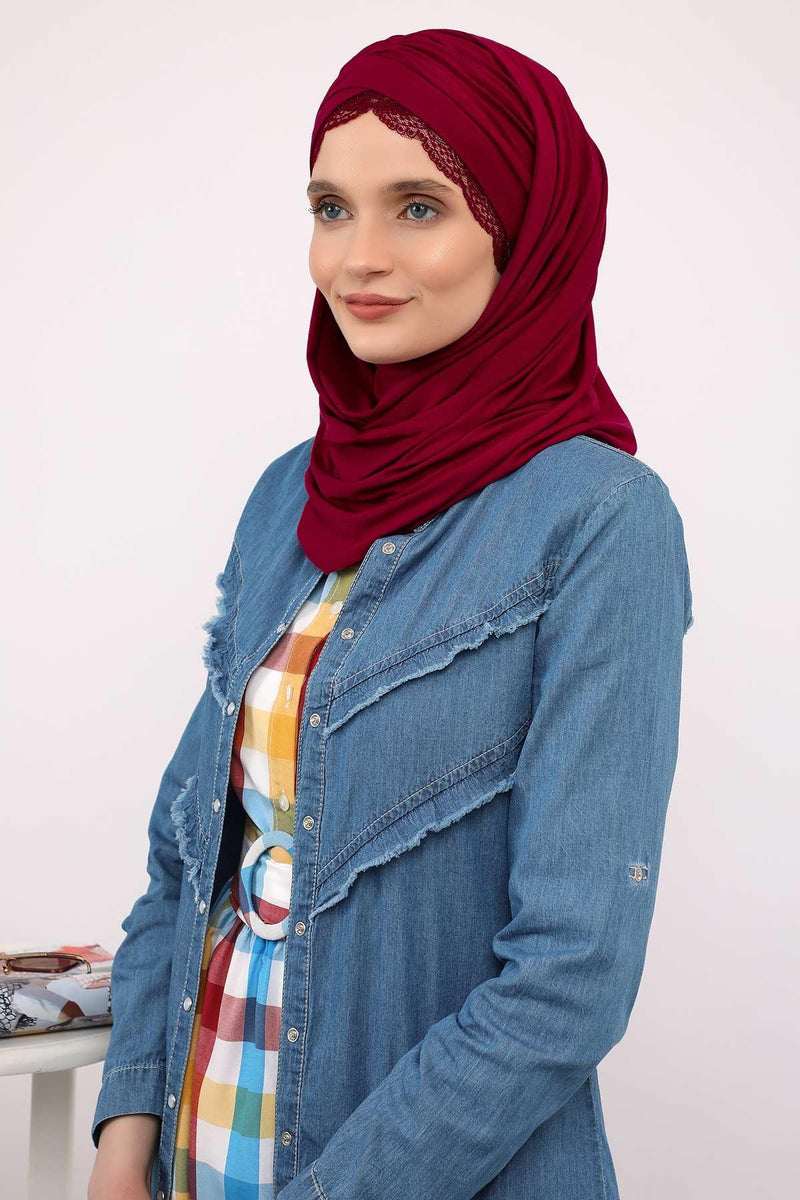 Instant Shawl for Women %95 Cotton Modesty Turban Lace Detailed Head Wrap Scarf Front Trimmed,CPS-48 Maroon