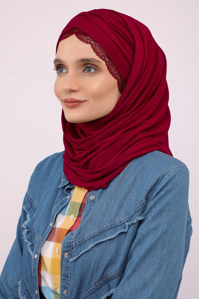 Instant Shawl for Women %95 Cotton Modesty Turban Lace Detailed Head Wrap Scarf Front Trimmed,CPS-48 Maroon