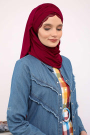 Instant Shawl for Women %95 Cotton Modesty Turban Lace Detailed Head Wrap Scarf Front Trimmed,CPS-48 Maroon