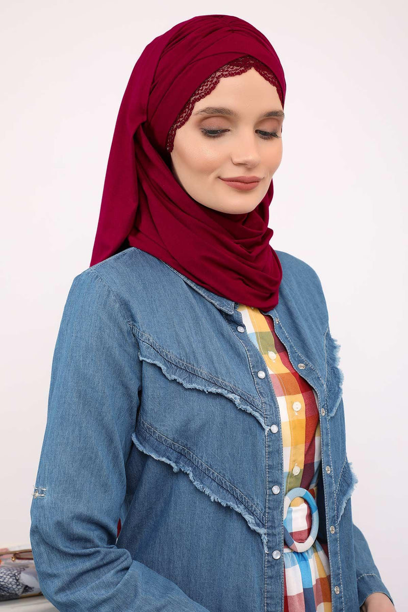 Instant Shawl for Women %95 Cotton Modesty Turban Lace Detailed Head Wrap Scarf Front Trimmed,CPS-48 Maroon