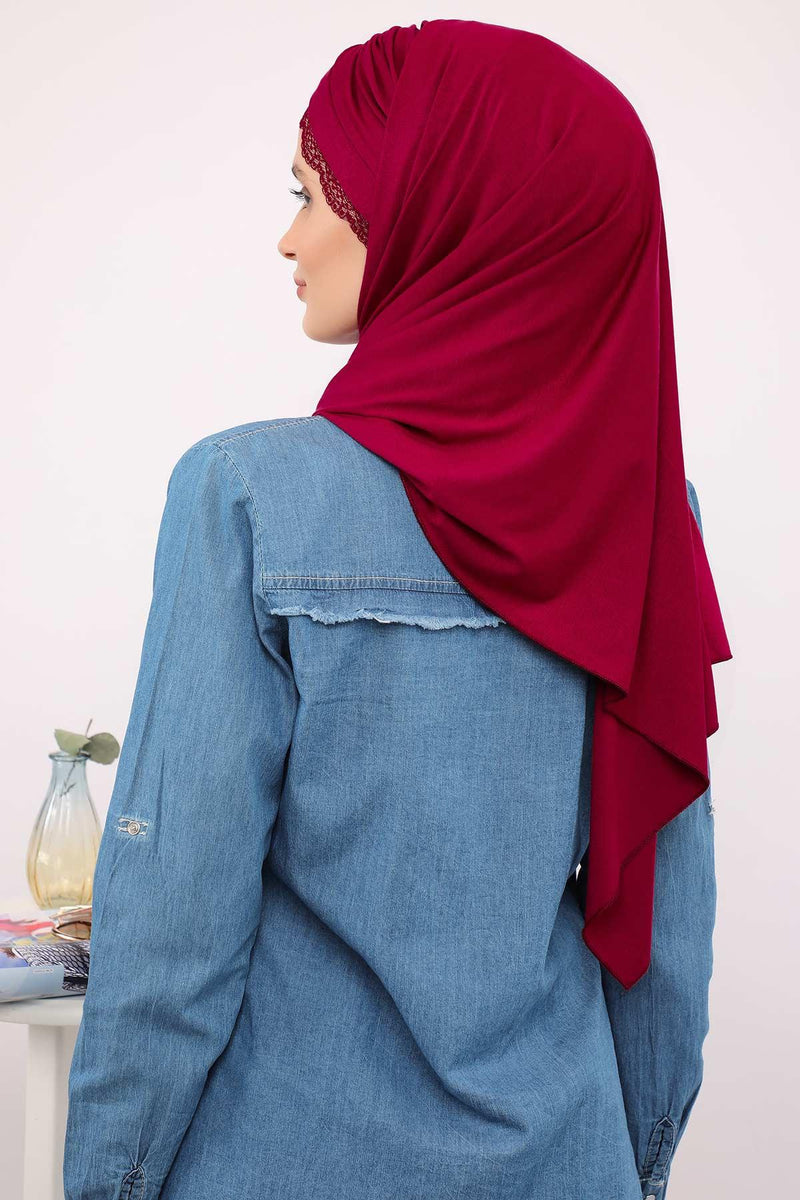 Instant Shawl for Women %95 Cotton Modesty Turban Lace Detailed Head Wrap Scarf Front Trimmed,CPS-48 Maroon