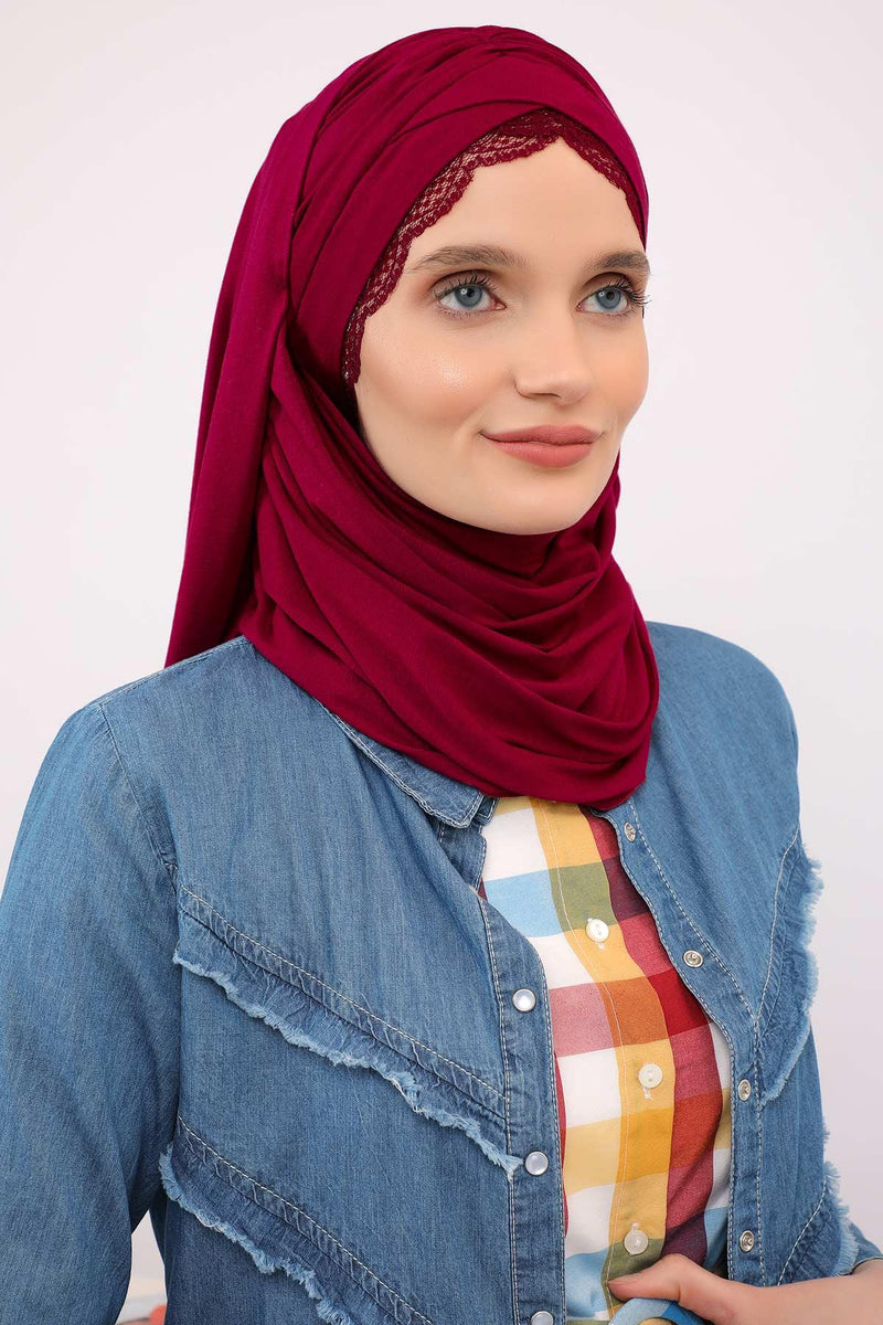 Instant Shawl for Women %95 Cotton Modesty Turban Lace Detailed Head Wrap Scarf Front Trimmed,CPS-48 Maroon