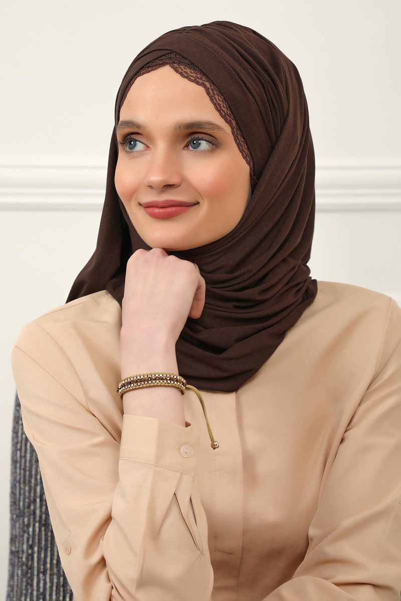 Instant Shawl for Women %95 Cotton Modesty Turban Lace Detailed Head Wrap Scarf Front Trimmed,CPS-48 Brown