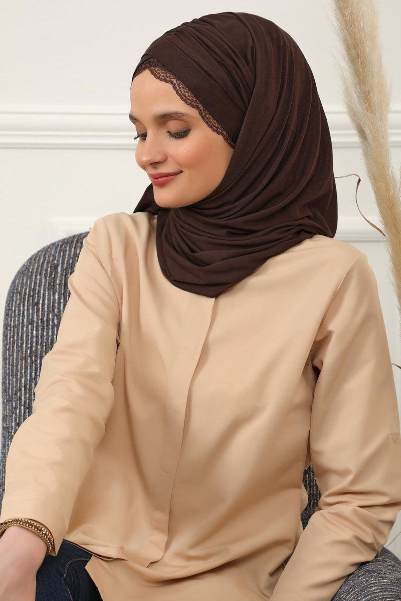 Instant Shawl for Women %95 Cotton Modesty Turban Lace Detailed Head Wrap Scarf Front Trimmed,CPS-48 Brown
