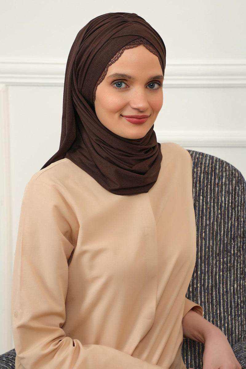 Instant Shawl for Women %95 Cotton Modesty Turban Lace Detailed Head Wrap Scarf Front Trimmed,CPS-48 Brown