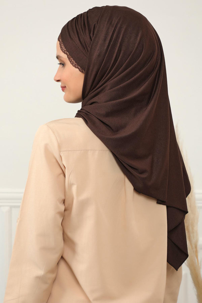 Instant Shawl for Women %95 Cotton Modesty Turban Lace Detailed Head Wrap Scarf Front Trimmed,CPS-48 Brown