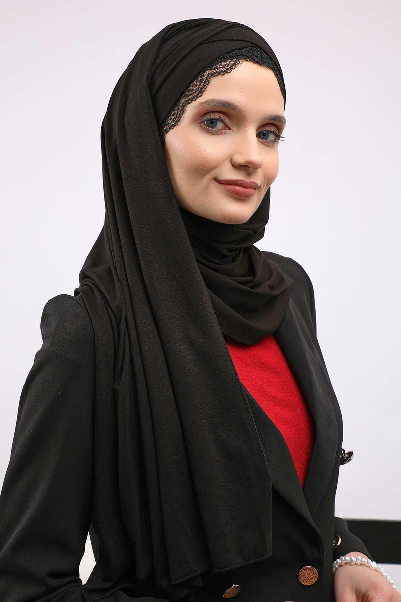 Instant Shawl for Women %95 Cotton Modesty Turban Lace Detailed Head Wrap Scarf Front Trimmed,CPS-48 Black