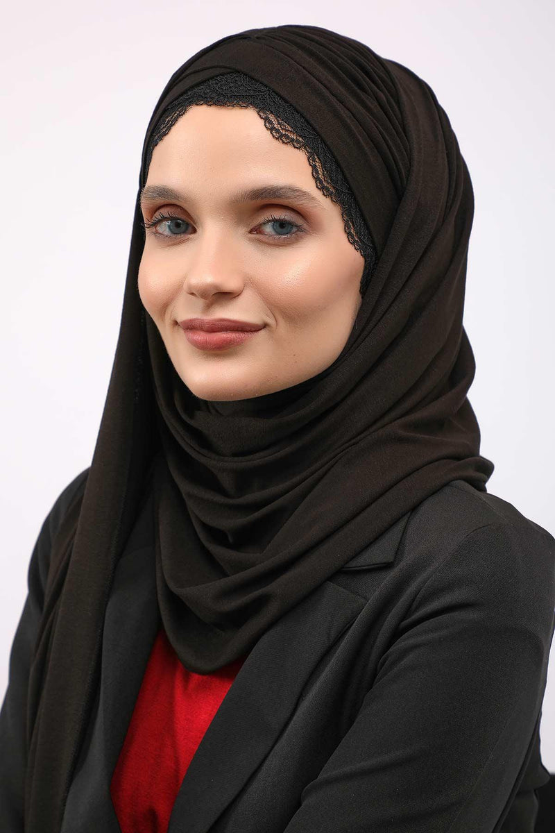 Instant Shawl for Women %95 Cotton Modesty Turban Lace Detailed Head Wrap Scarf Front Trimmed,CPS-48 Black