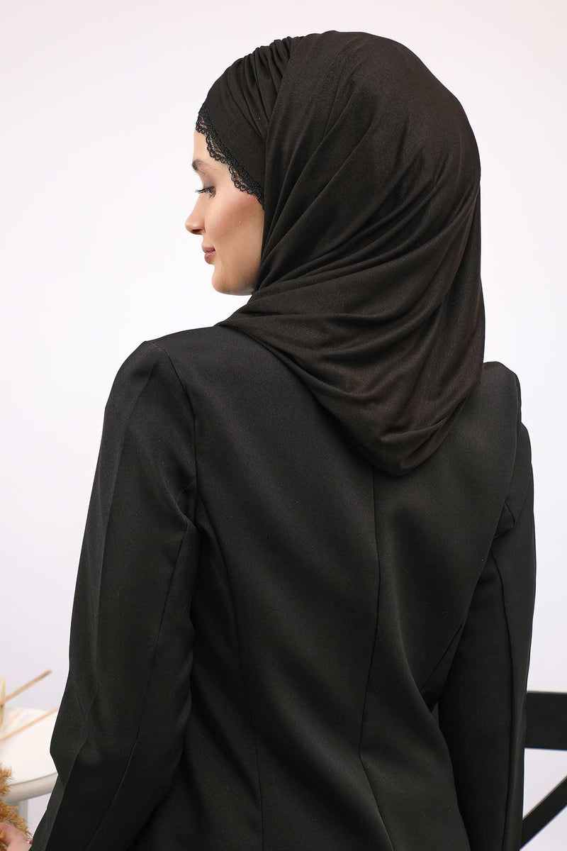 Instant Shawl for Women %95 Cotton Modesty Turban Lace Detailed Head Wrap Scarf Front Trimmed,CPS-48 Black