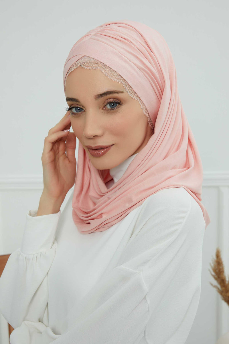 Instant Shawl for Women %95 Cotton Modesty Turban Lace Detailed Head Wrap Scarf Front Trimmed,CPS-48 Powder