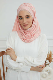 Instant Shawl for Women %95 Cotton Modesty Turban Lace Detailed Head Wrap Scarf Front Trimmed,CPS-48 Powder
