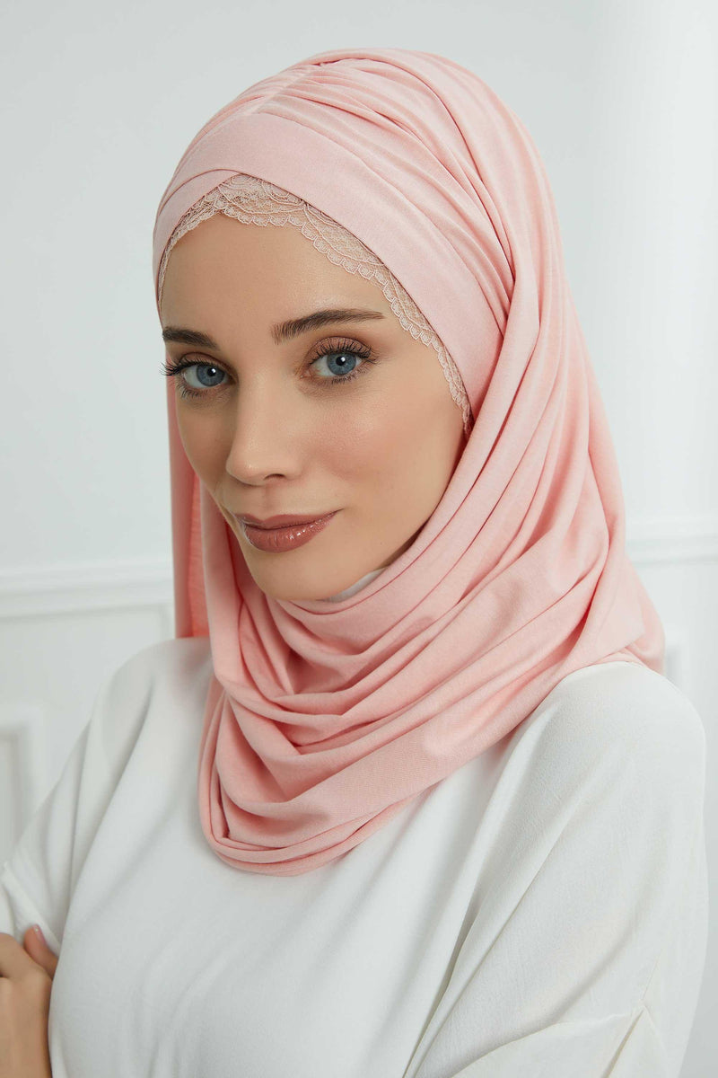 Instant Shawl for Women %95 Cotton Modesty Turban Lace Detailed Head Wrap Scarf Front Trimmed,CPS-48 Powder