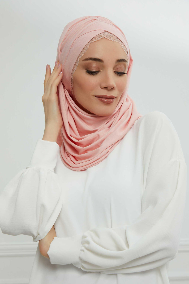 Instant Shawl for Women %95 Cotton Modesty Turban Lace Detailed Head Wrap Scarf Front Trimmed,CPS-48 Powder