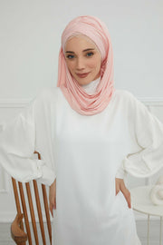 Instant Shawl for Women %95 Cotton Modesty Turban Lace Detailed Head Wrap Scarf Front Trimmed,CPS-48 Powder