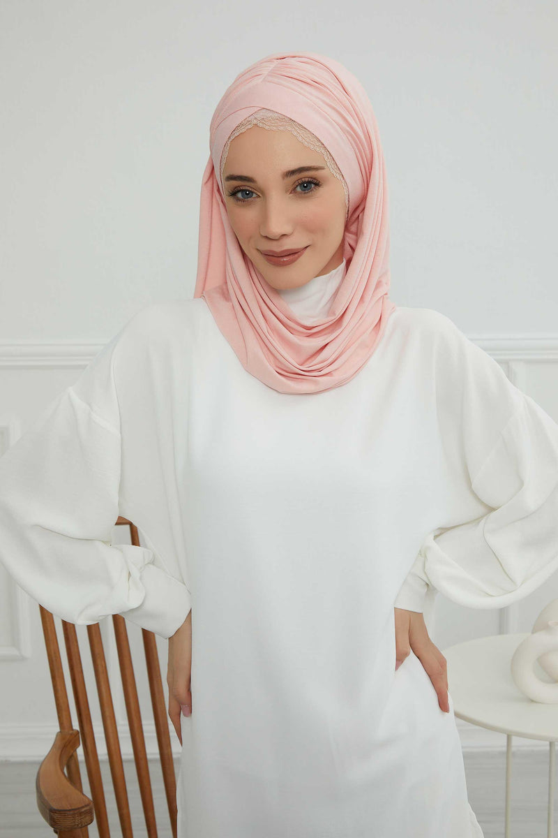 Instant Shawl for Women %95 Cotton Modesty Turban Lace Detailed Head Wrap Scarf Front Trimmed,CPS-48 Powder