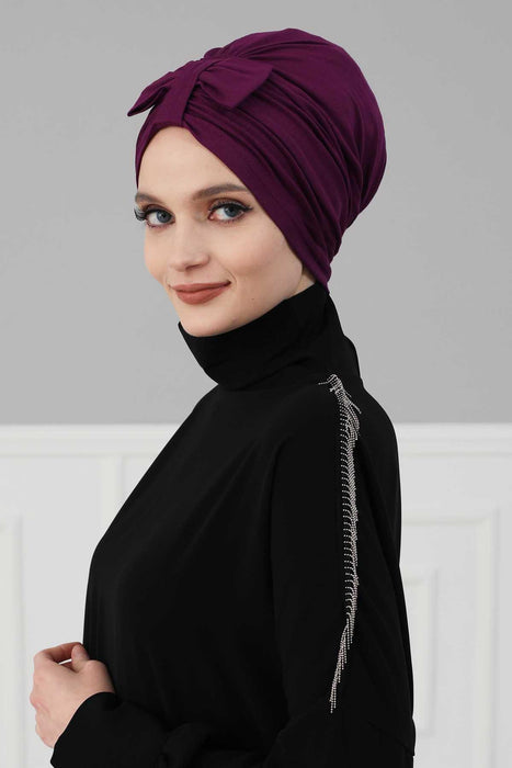Stylish Bowtie Instant Turban Hijab Bonnet Cap for Women, Easy to Wear Jersey Headwrap with Chic Knot Detail, Modern Modest Fashion,B-7