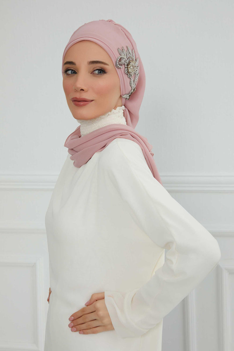 Instant Turban Chiffon Scarf Head Turbans with Gorgeous Unique Jewellery Stone Accessory For Women Headwear Stylish Elegant Design,HT-104 Powder