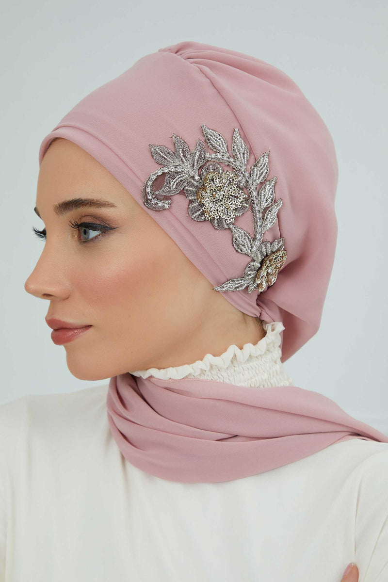 Instant Turban Chiffon Scarf Head Turbans with Gorgeous Unique Jewellery Stone Accessory For Women Headwear Stylish Elegant Design,HT-104 Powder