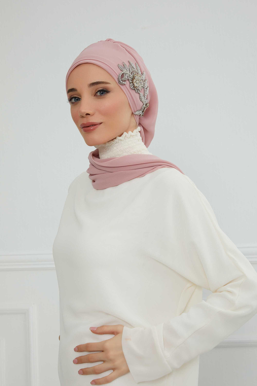 Instant Turban Chiffon Scarf Head Turbans with Gorgeous Unique Jewellery Stone Accessory For Women Headwear Stylish Elegant Design,HT-104 Powder