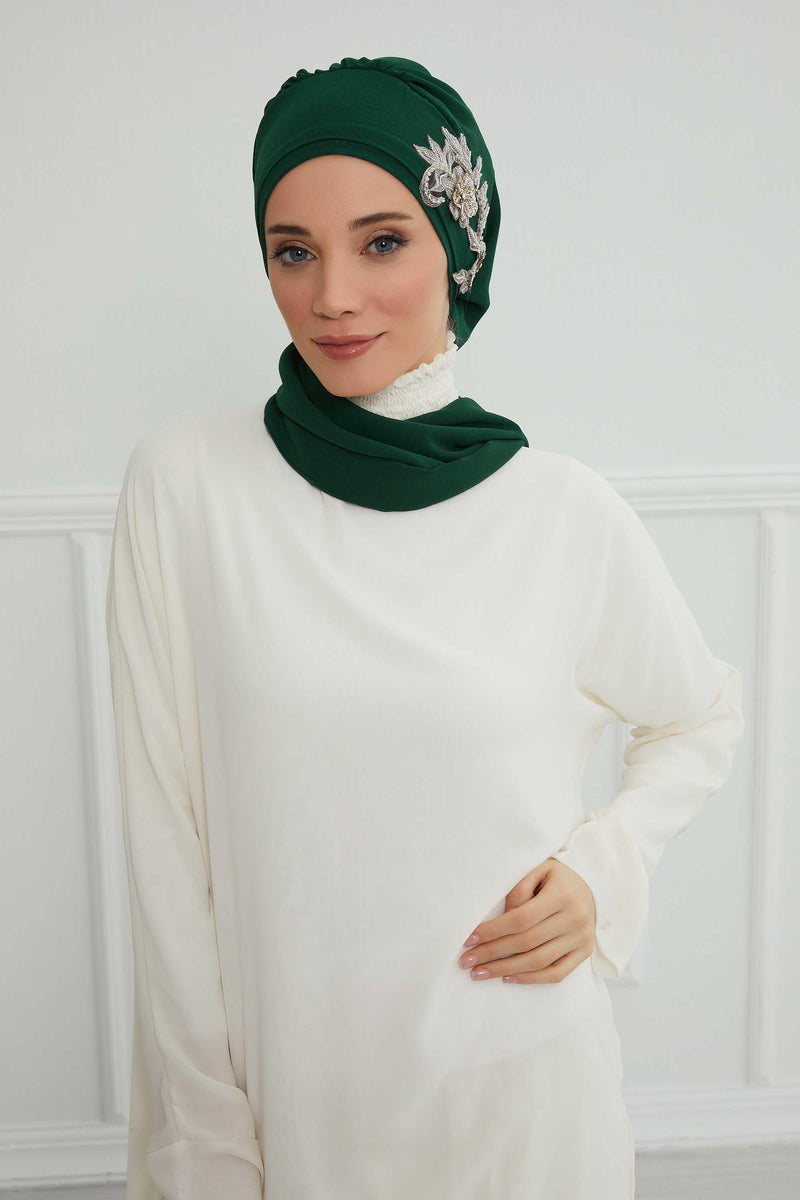 Instant Turban Chiffon Scarf Head Turbans with Gorgeous Unique Jewellery Stone Accessory For Women Headwear Stylish Elegant Design,HT-104 Dark Green