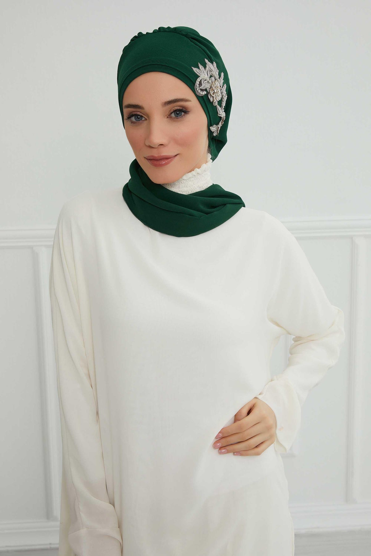 Instant Turban Chiffon Scarf Head Turbans with Gorgeous Unique Jewellery Stone Accessory For Women Headwear Stylish Elegant Design,HT-104 Dark Green