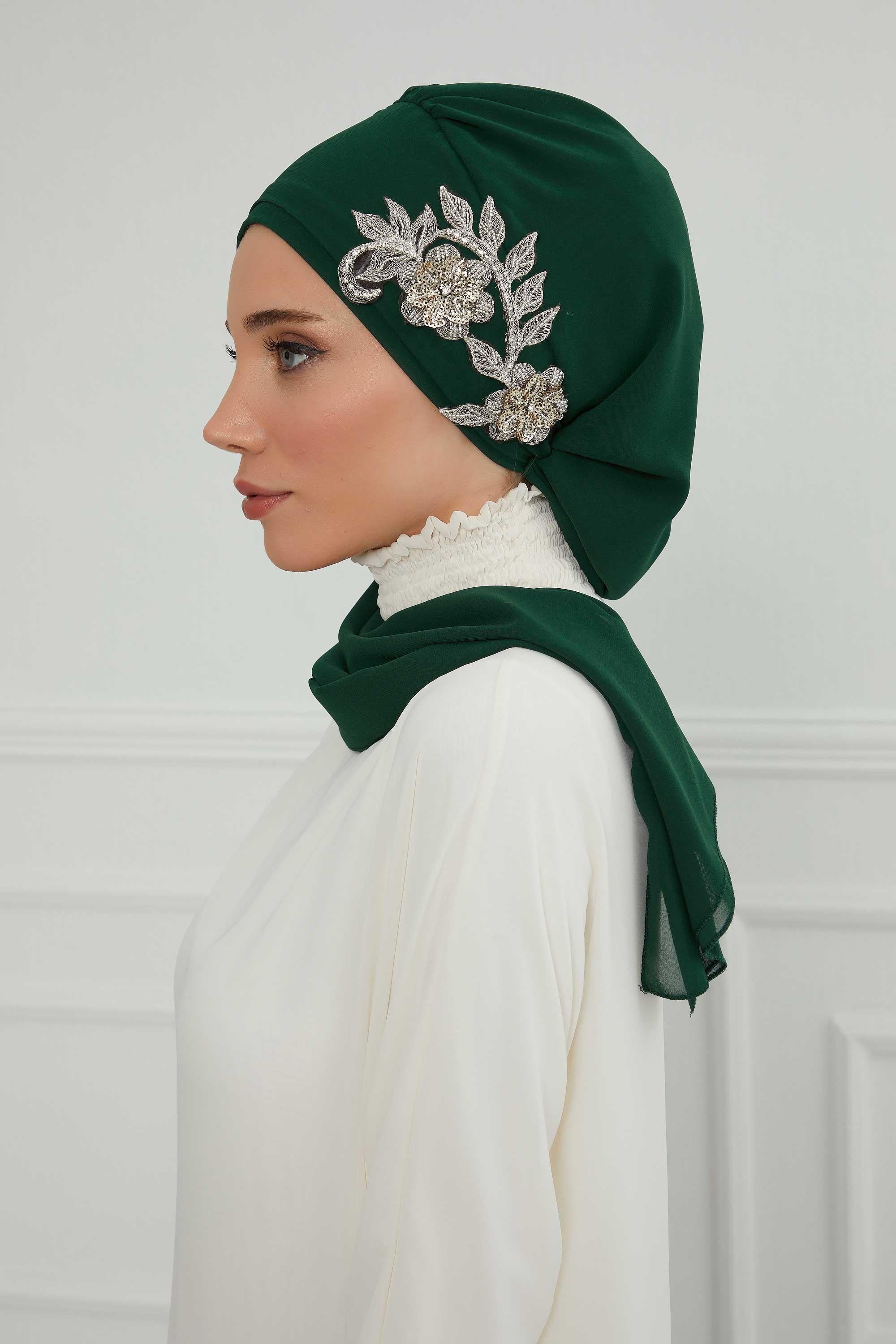 Instant Turban Chiffon Scarf Head Turbans with Gorgeous Unique Jewellery Stone Accessory For Women Headwear Stylish Elegant Design,HT-104 Dark Green