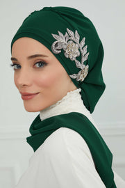 Instant Turban Chiffon Scarf Head Turbans with Gorgeous Unique Jewellery Stone Accessory For Women Headwear Stylish Elegant Design,HT-104 Dark Green
