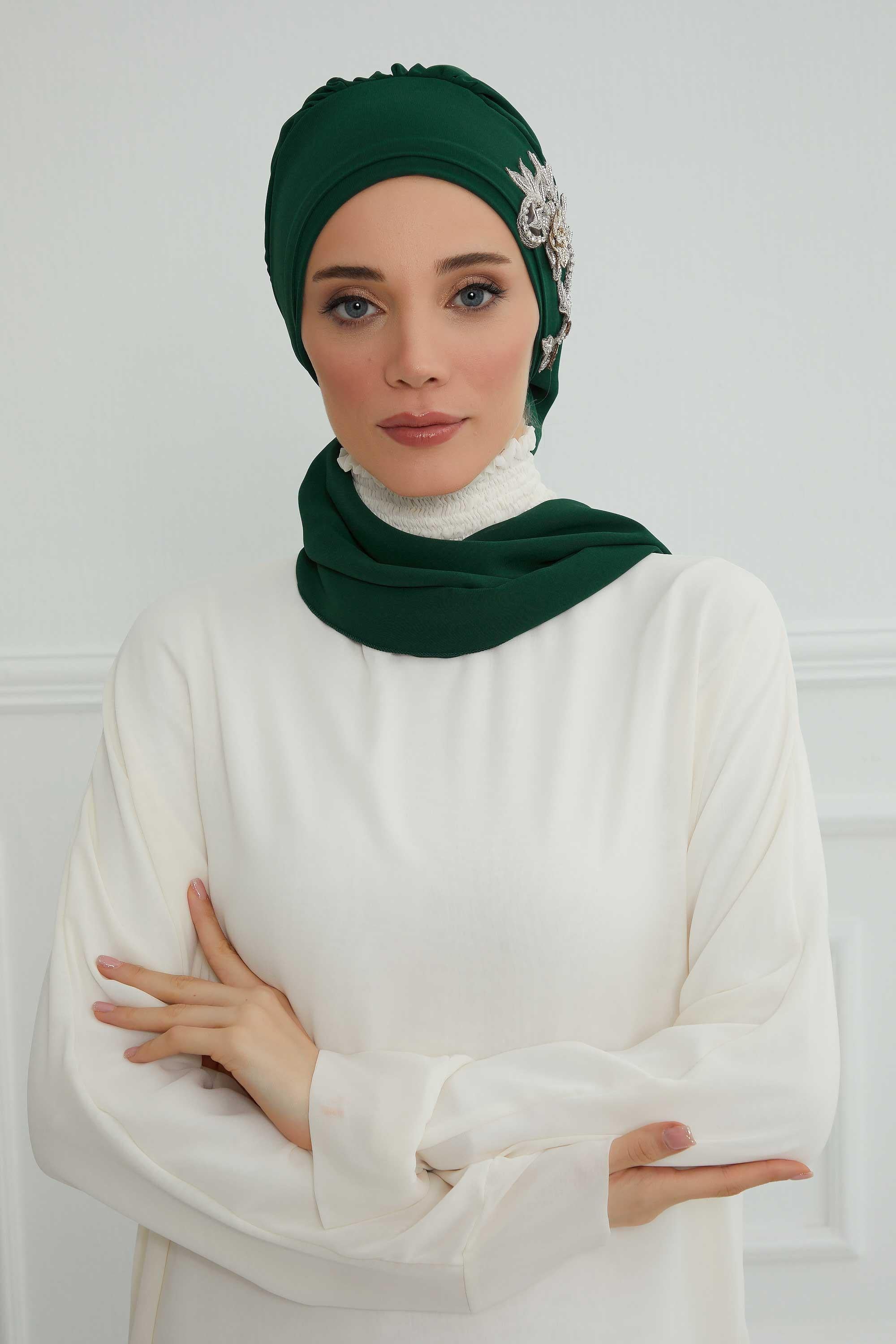 Instant Turban Chiffon Scarf Head Turbans with Gorgeous Unique Jewellery Stone Accessory For Women Headwear Stylish Elegant Design,HT-104 Dark Green