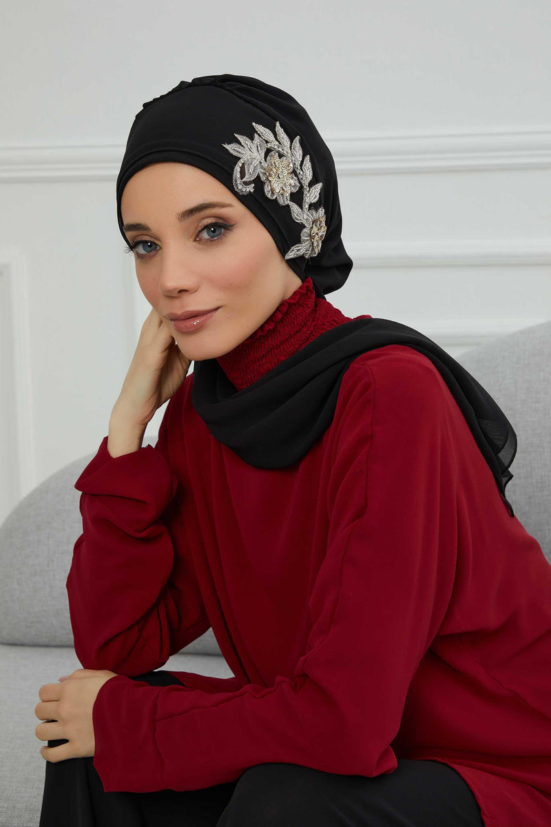 Instant Turban Chiffon Scarf Head Turbans with Gorgeous Unique Jewellery Stone Accessory For Women Headwear Stylish Elegant Design,HT-104 Black