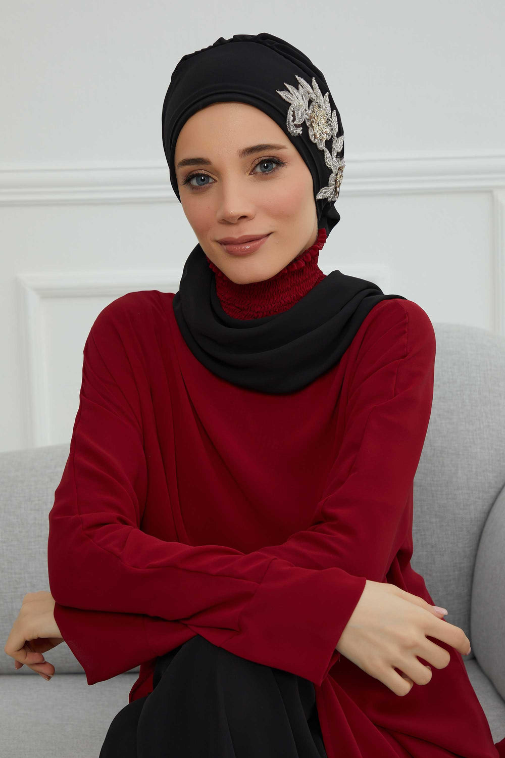 Instant Turban Chiffon Scarf Head Turbans with Gorgeous Unique Jewellery Stone Accessory For Women Headwear Stylish Elegant Design,HT-104 Black