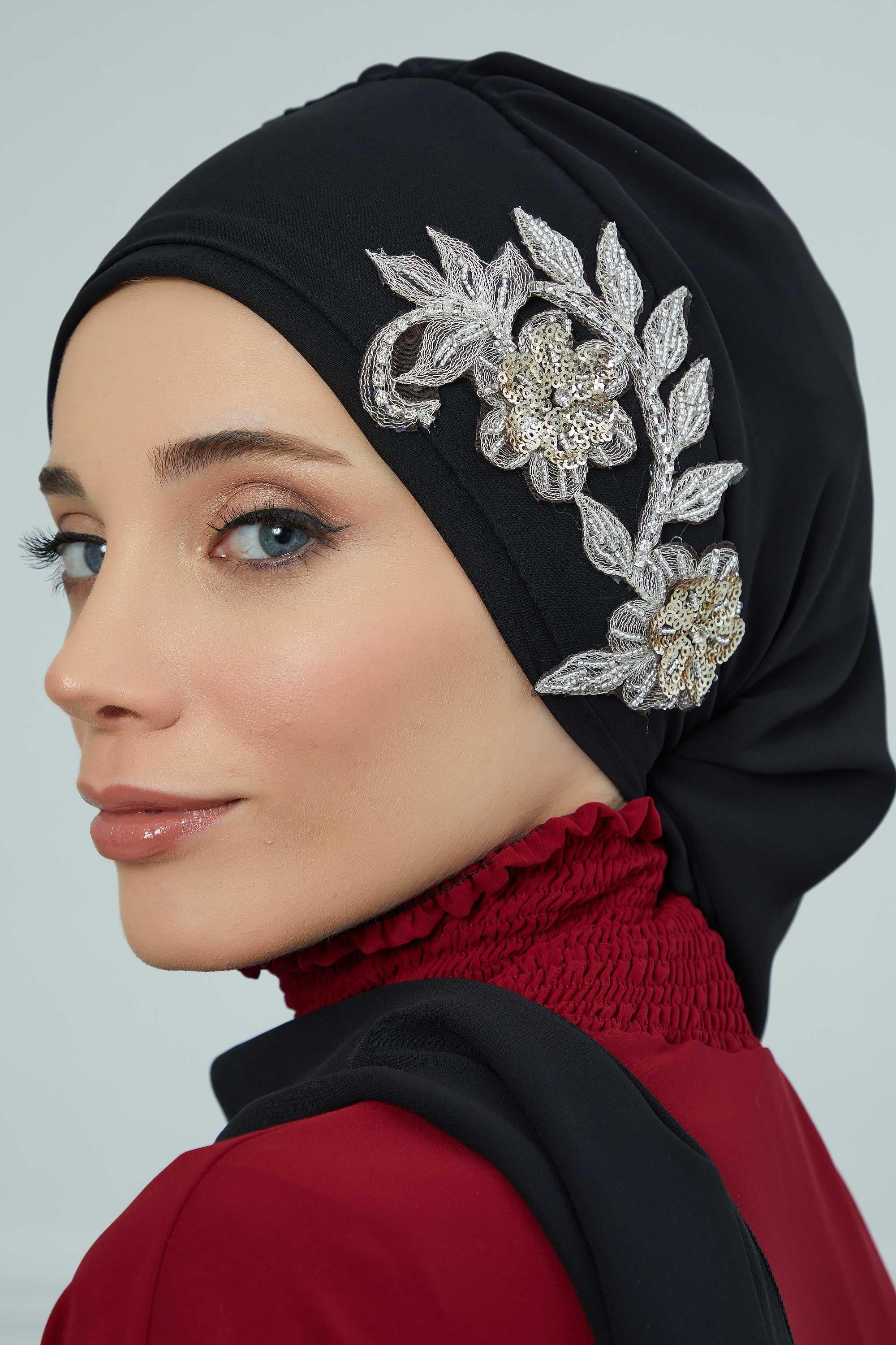 Instant Turban Chiffon Scarf Head Turbans with Gorgeous Unique Jewellery Stone Accessory For Women Headwear Stylish Elegant Design,HT-104 Black