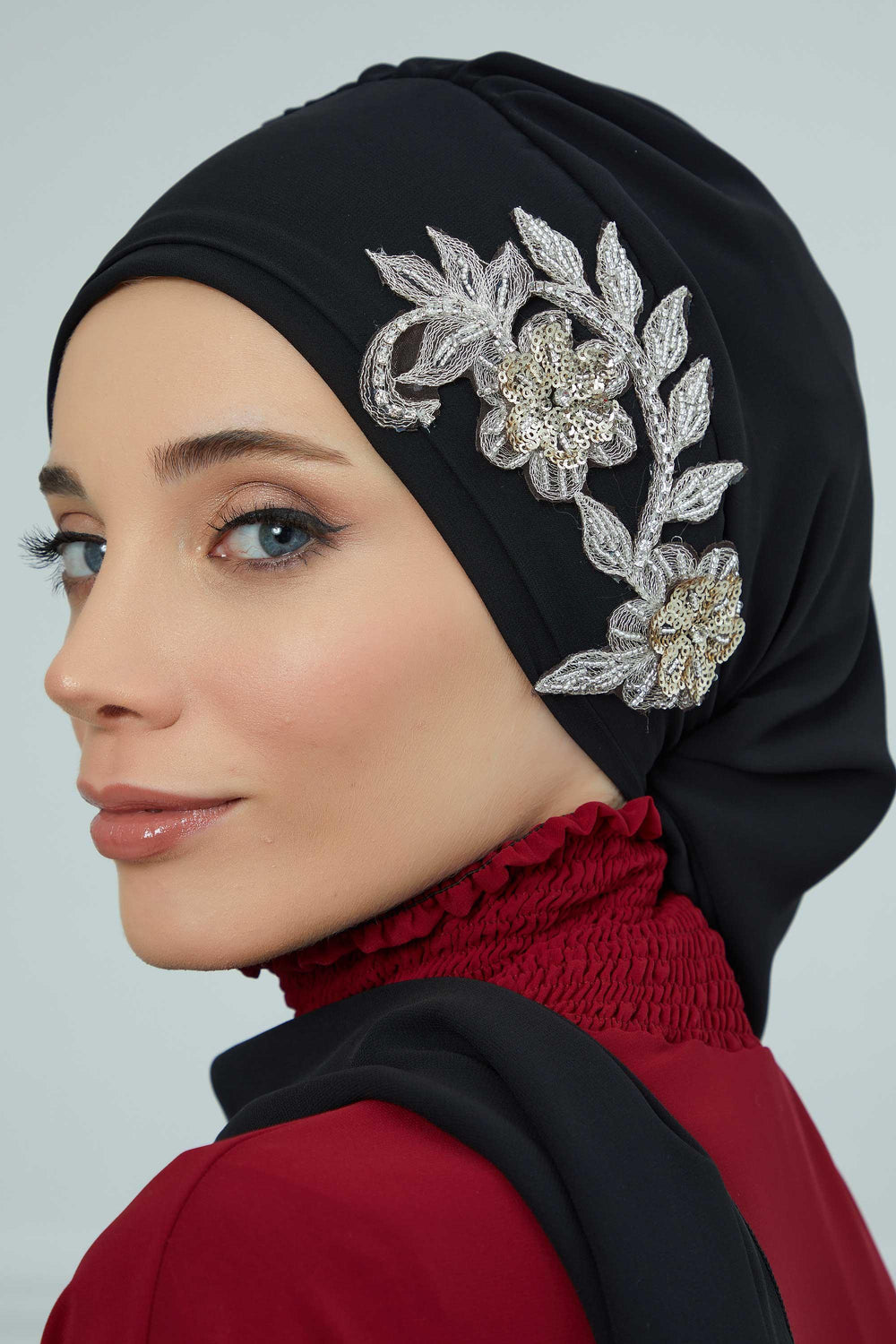 Instant Turban Chiffon Scarf Head Turbans with Gorgeous Unique Jewellery Stone Accessory For Women Headwear Stylish Elegant Design,HT-104 Black