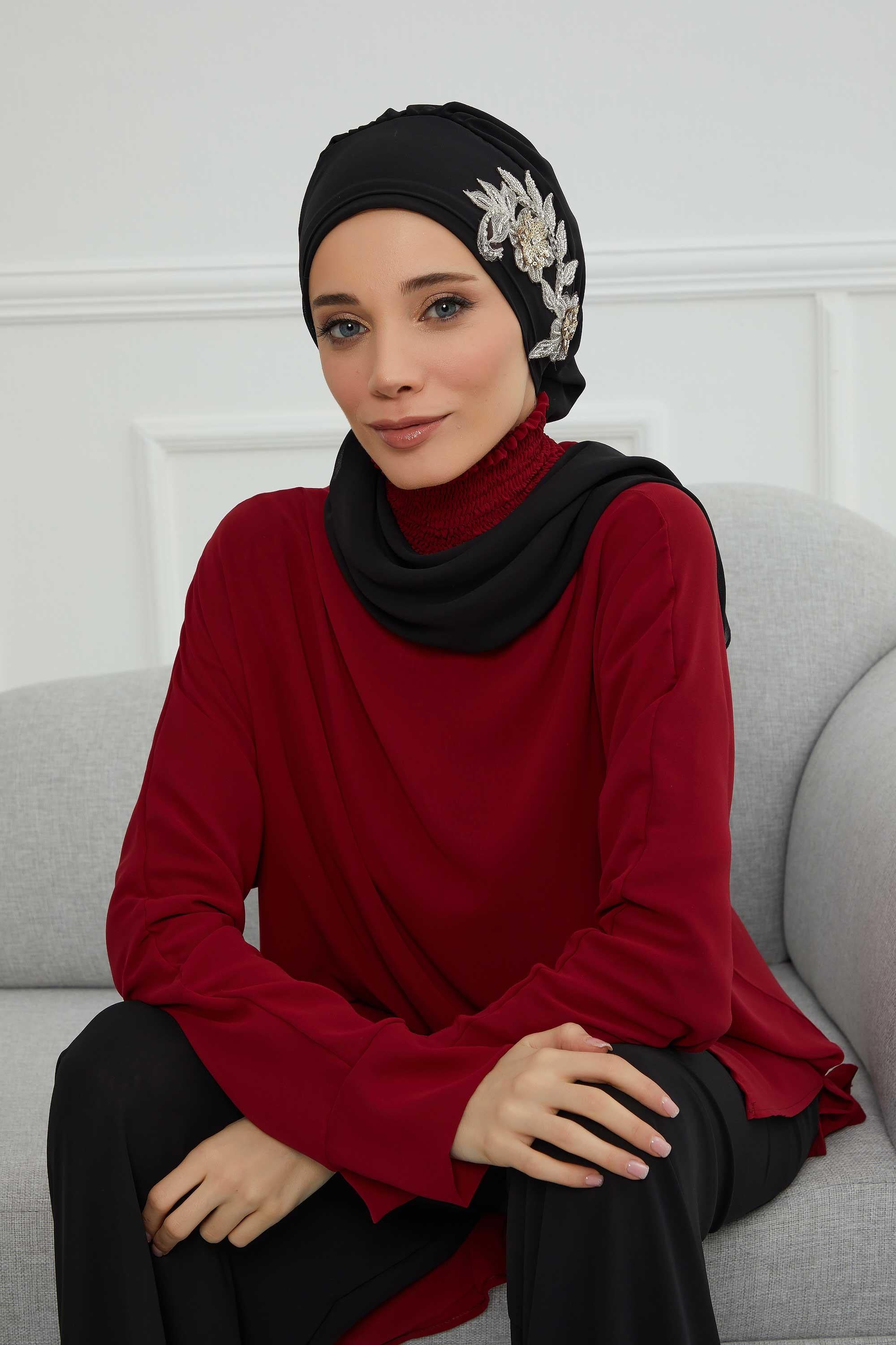 Instant Turban Chiffon Scarf Head Turbans with Gorgeous Unique Jewellery Stone Accessory For Women Headwear Stylish Elegant Design,HT-104 Black