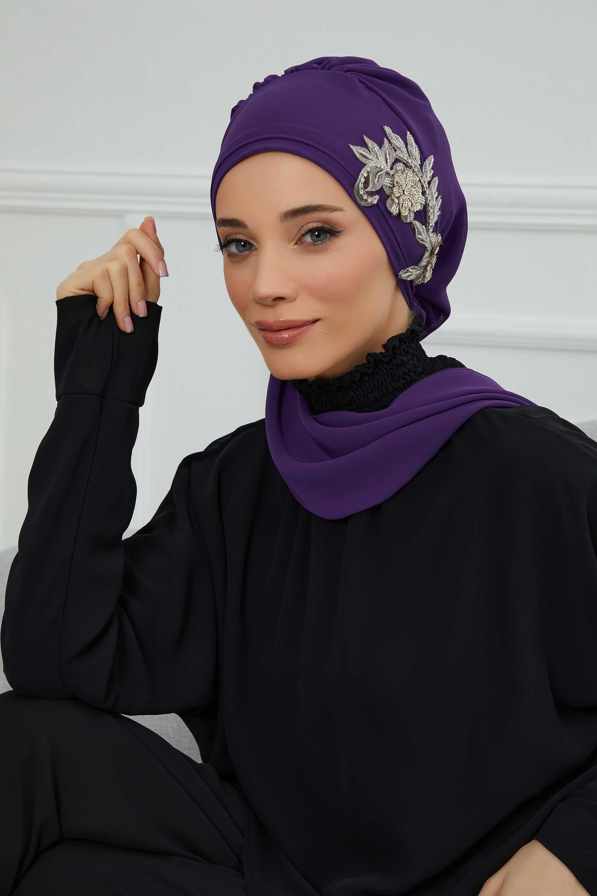 Instant Turban Chiffon Scarf Head Turbans with Gorgeous Unique Jewellery Stone Accessory For Women Headwear Stylish Elegant Design,HT-104 Purple