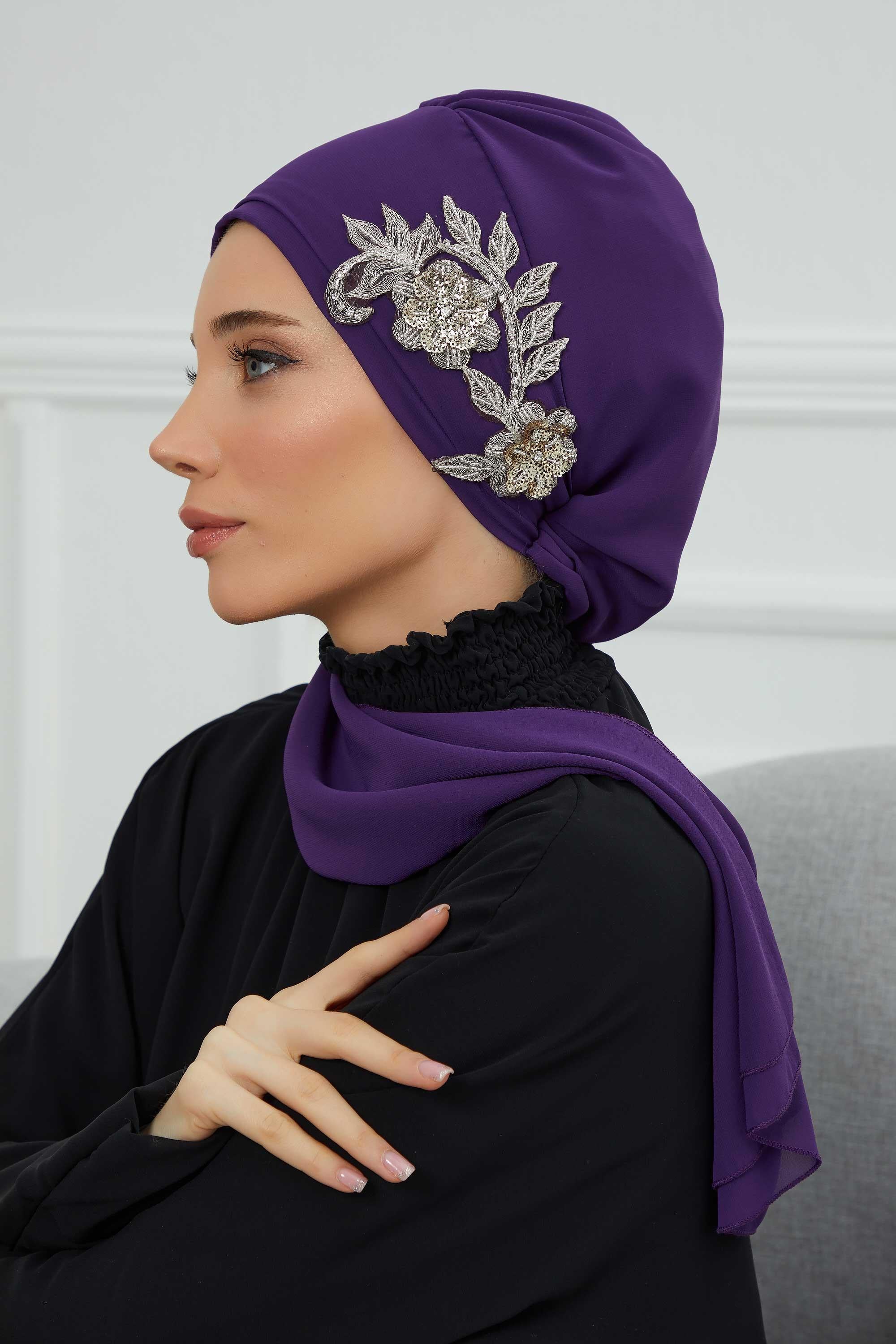 Instant Turban Chiffon Scarf Head Turbans with Gorgeous Unique Jewellery Stone Accessory For Women Headwear Stylish Elegant Design,HT-104 Purple