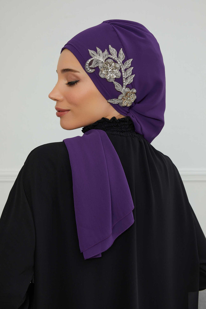 Instant Turban Chiffon Scarf Head Turbans with Gorgeous Unique Jewellery Stone Accessory For Women Headwear Stylish Elegant Design,HT-104 Purple