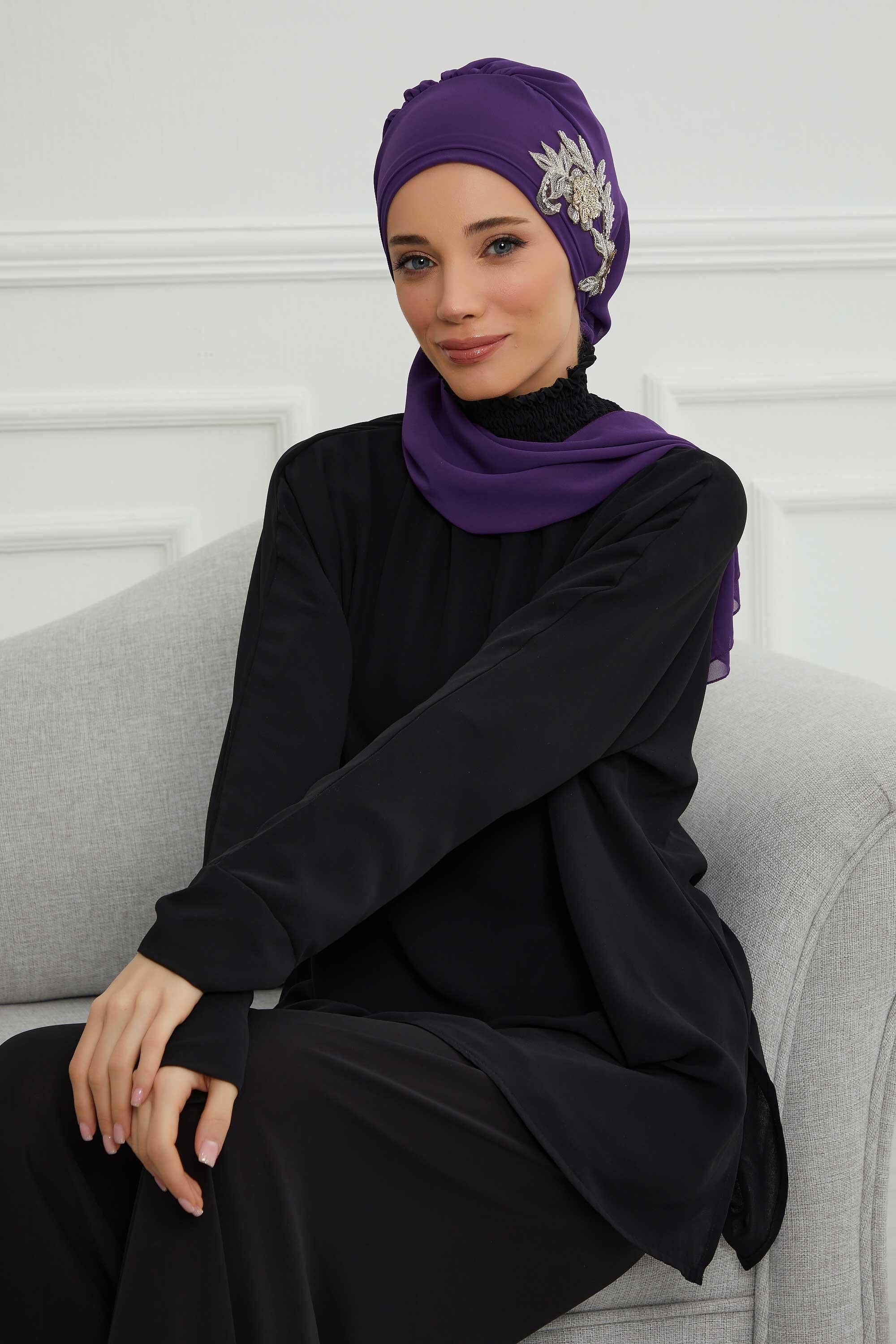 Instant Turban Chiffon Scarf Head Turbans with Gorgeous Unique Jewellery Stone Accessory For Women Headwear Stylish Elegant Design,HT-104 Purple