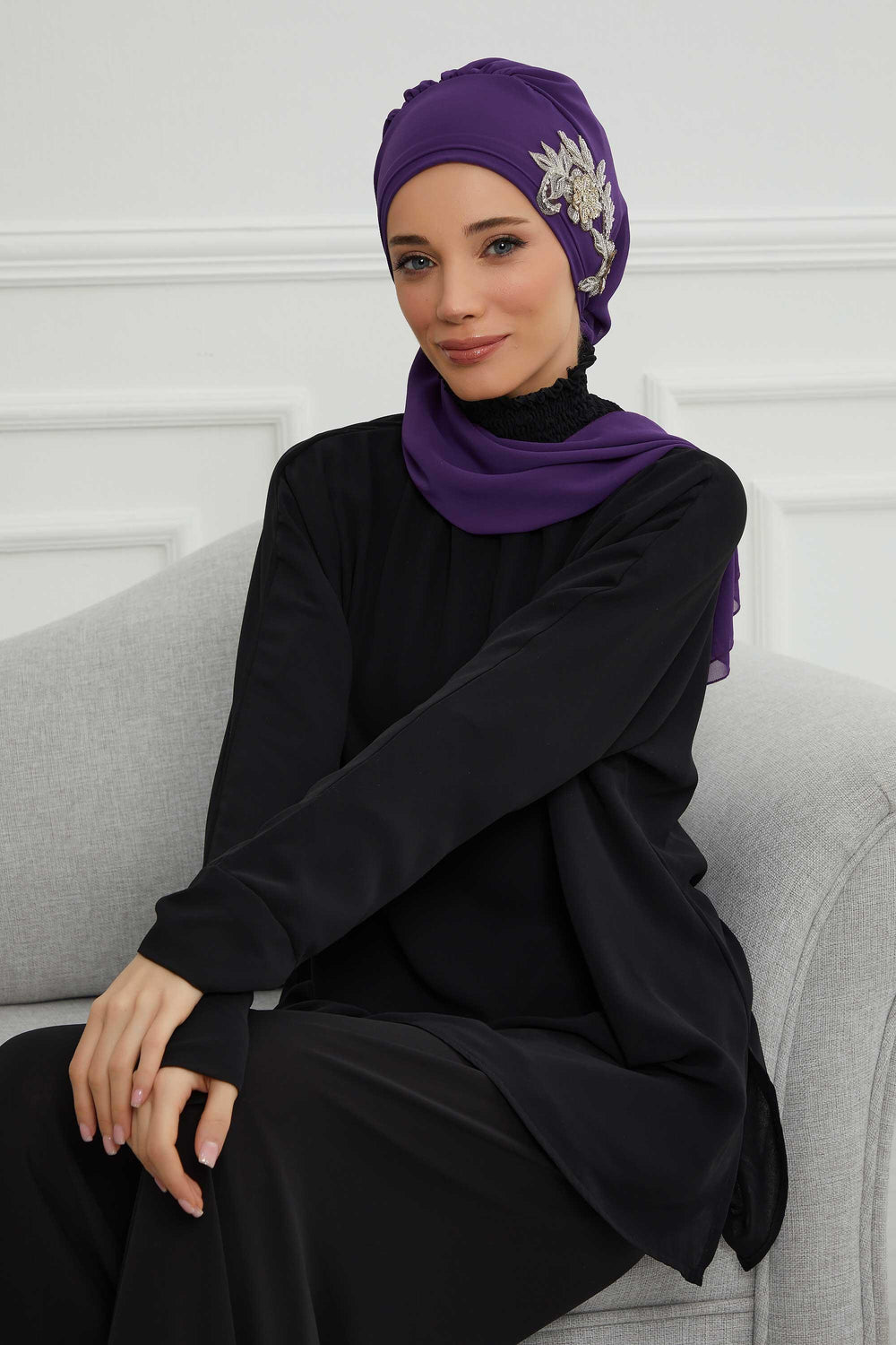 Instant Turban Chiffon Scarf Head Turbans with Gorgeous Unique Jewellery Stone Accessory For Women Headwear Stylish Elegant Design,HT-104 Purple