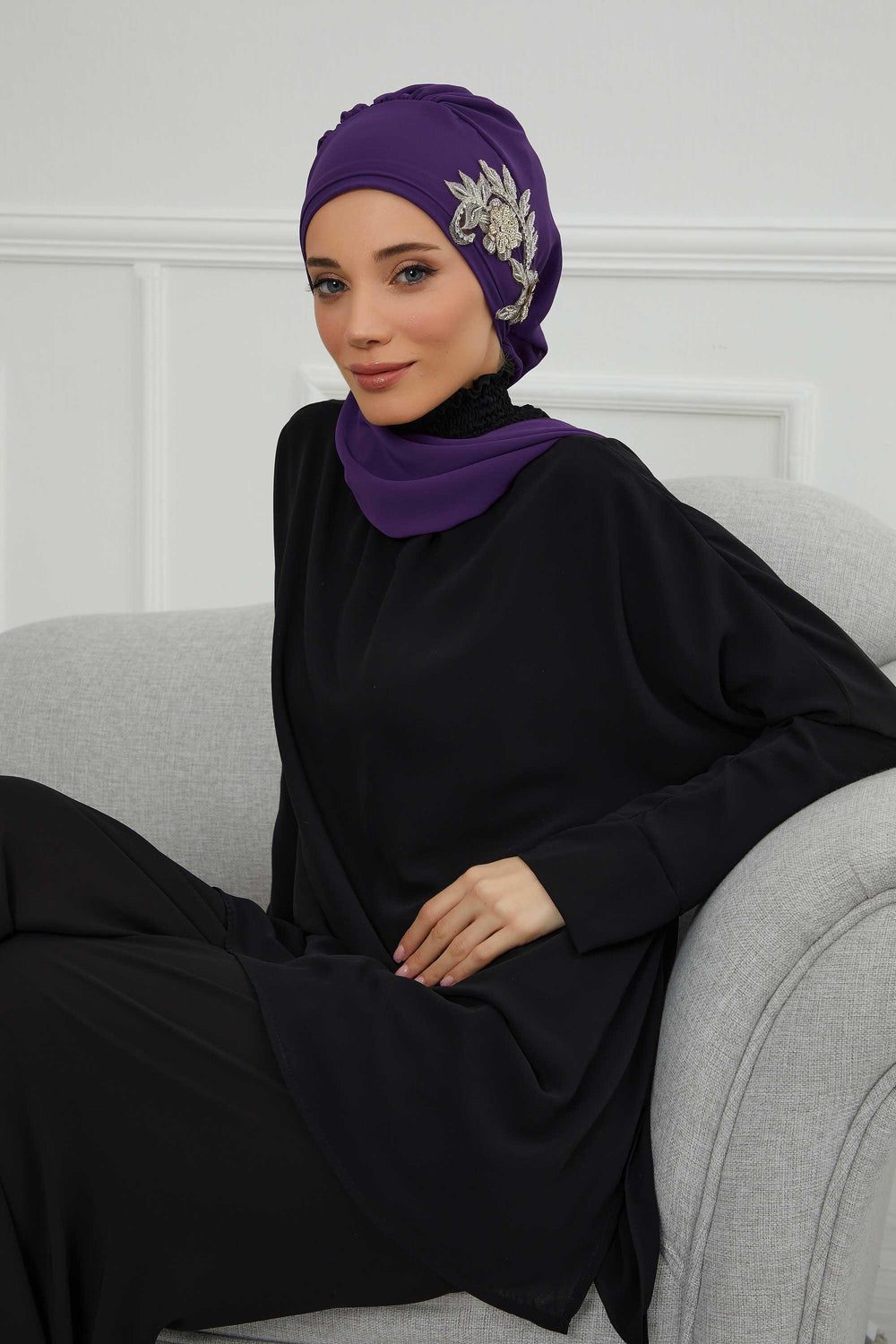 Instant Turban Chiffon Scarf Head Turbans with Gorgeous Unique Jewellery Stone Accessory For Women Headwear Stylish Elegant Design,HT-104 Purple