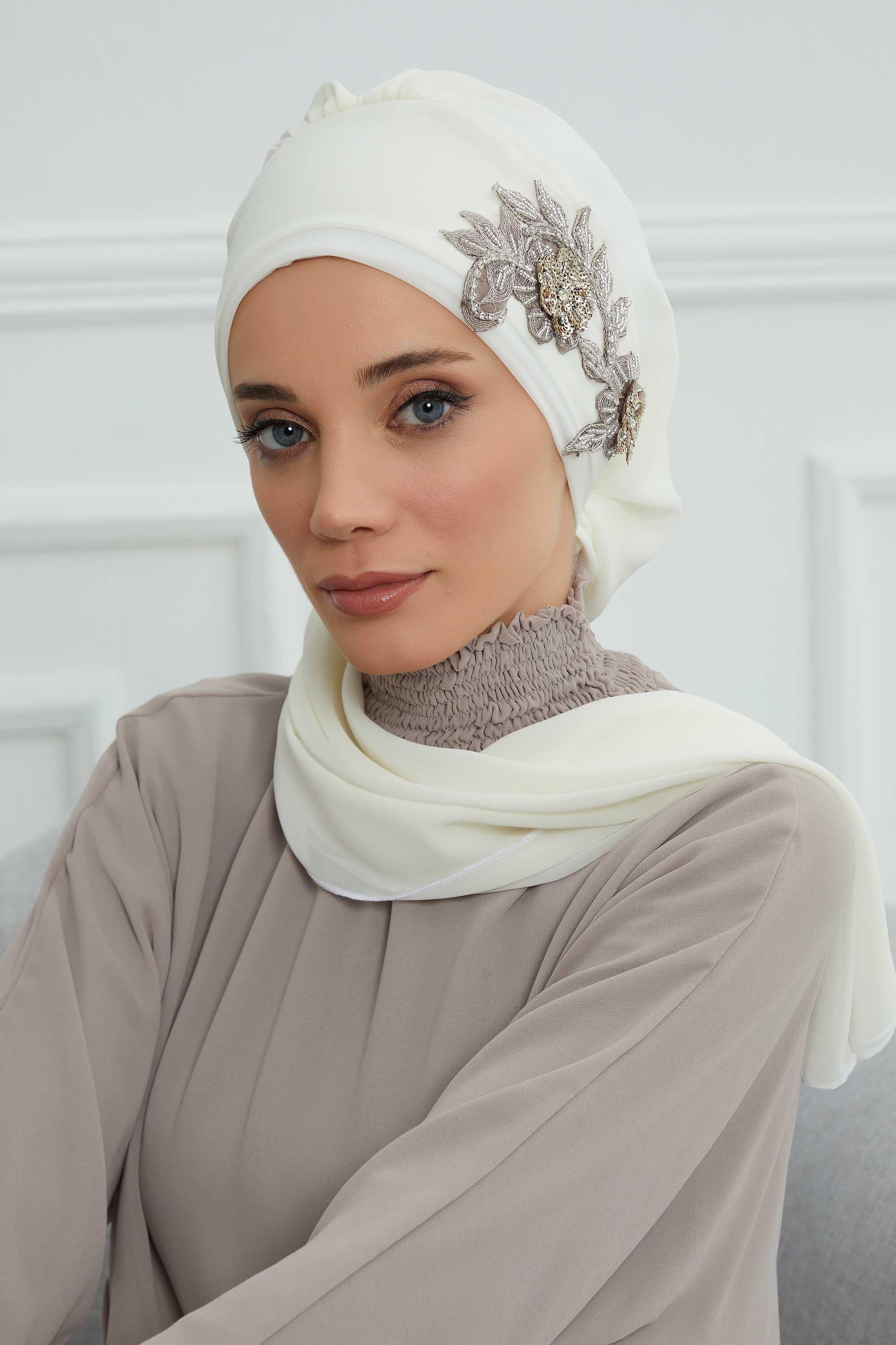 Instant Turban Chiffon Scarf Head Turbans with Gorgeous Unique Jewellery Stone Accessory For Women Headwear Stylish Elegant Design,HT-104 Ivory