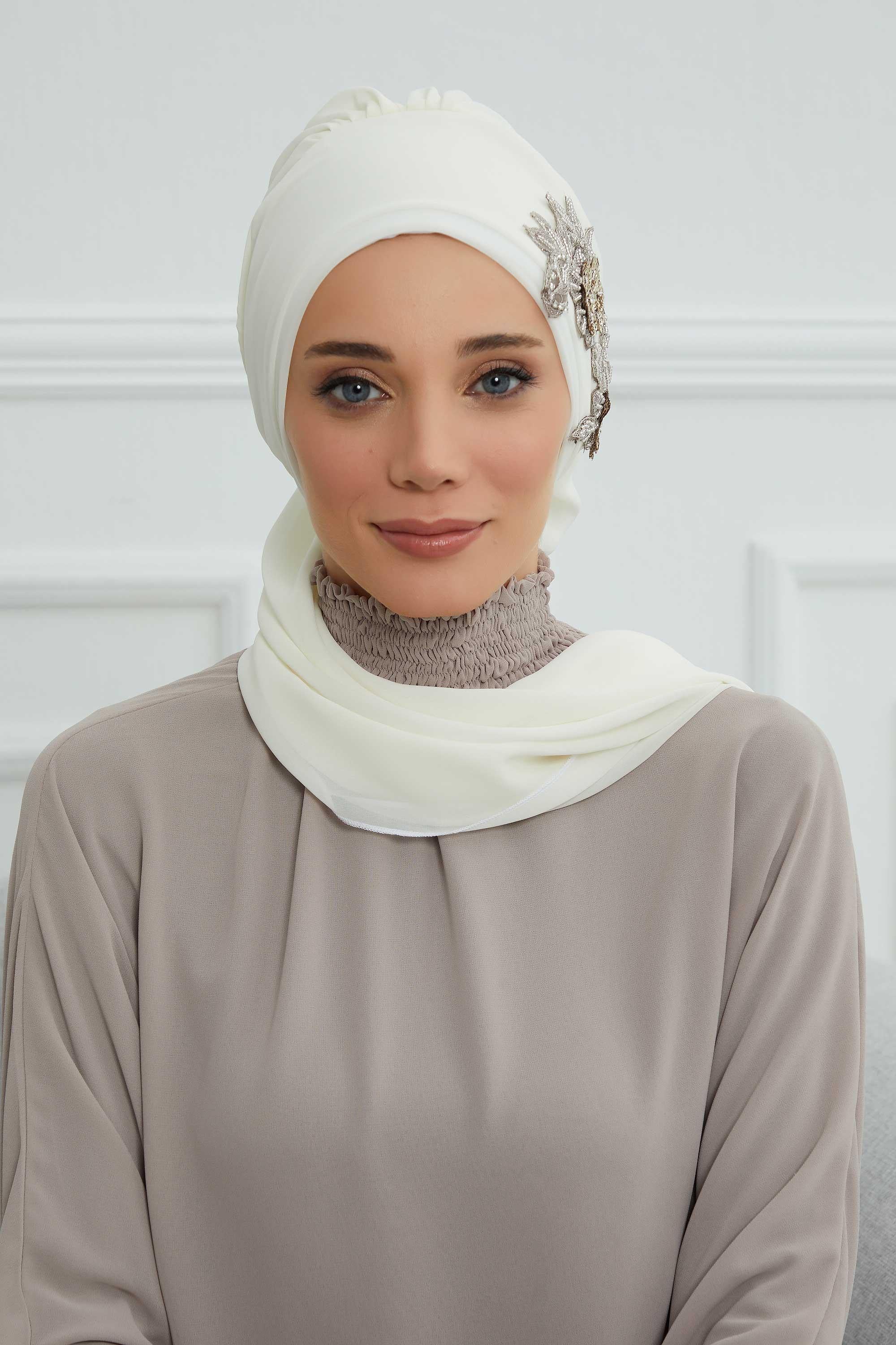Instant Turban Chiffon Scarf Head Turbans with Gorgeous Unique Jewellery Stone Accessory For Women Headwear Stylish Elegant Design,HT-104 Ivory