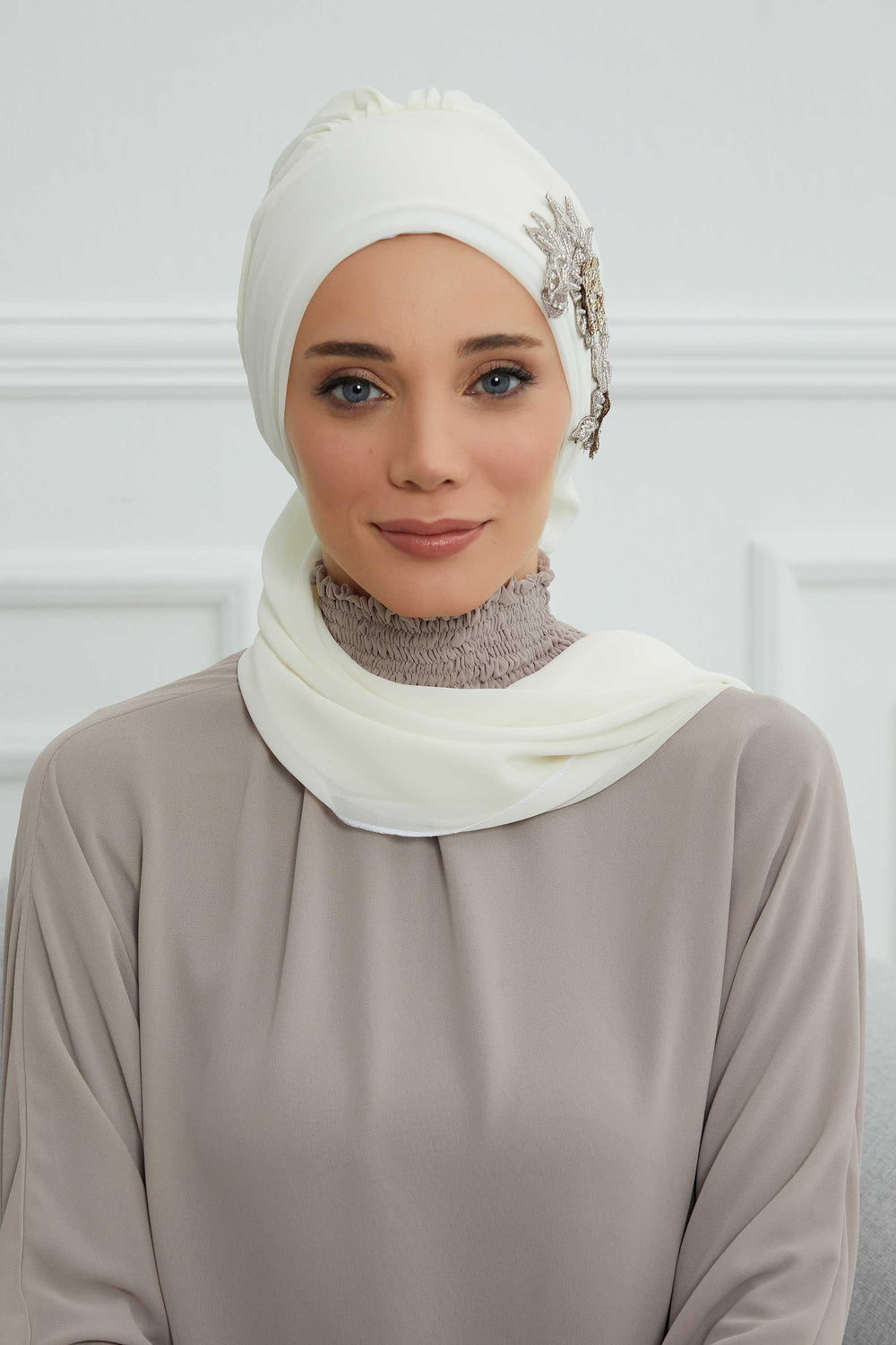 Instant Turban Chiffon Scarf Head Turbans with Gorgeous Unique Jewellery Stone Accessory For Women Headwear Stylish Elegant Design,HT-104 Ivory