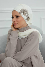 Instant Turban Chiffon Scarf Head Turbans with Gorgeous Unique Jewellery Stone Accessory For Women Headwear Stylish Elegant Design,HT-104 Ivory