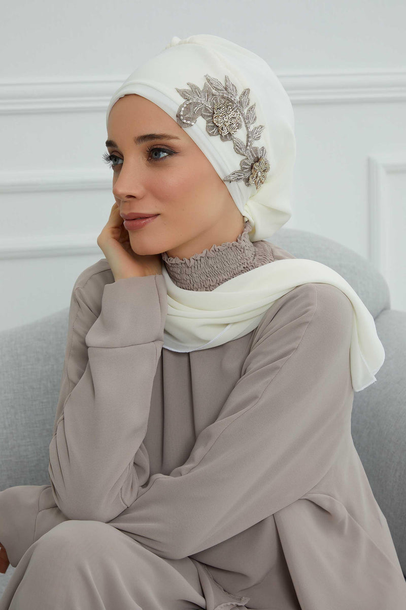 Instant Turban Chiffon Scarf Head Turbans with Gorgeous Unique Jewellery Stone Accessory For Women Headwear Stylish Elegant Design,HT-104 Ivory